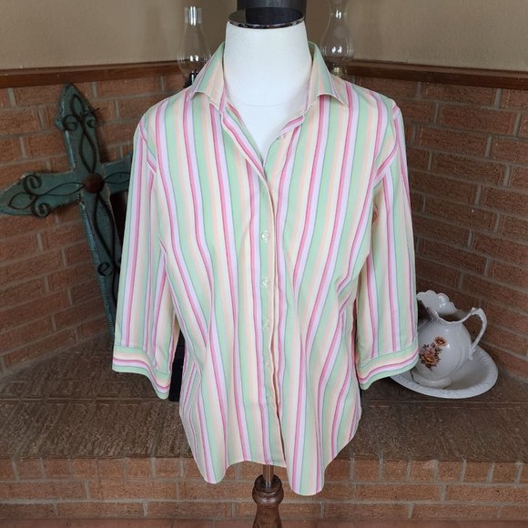 Lands' End Button Front Blouse Pastel Stripes 3/4 Sleeves Sz 12 - Picture 2 of 5